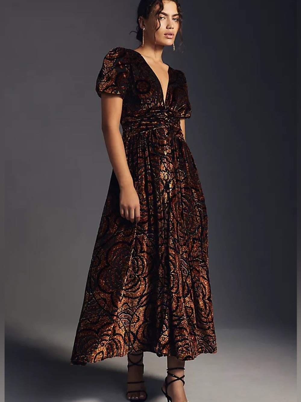 Anthropologie Metallic Burnt Orange and Black Velvet Maxi Dress